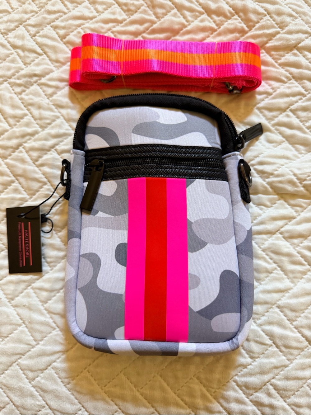 HAUTE SHORE Neoprene Gray Camo Crossbody with Pink & Red Stripe NWT